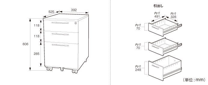 スリム3段ワゴン W392 D525 H606 の法人通販 オフィス家具のカグクロ